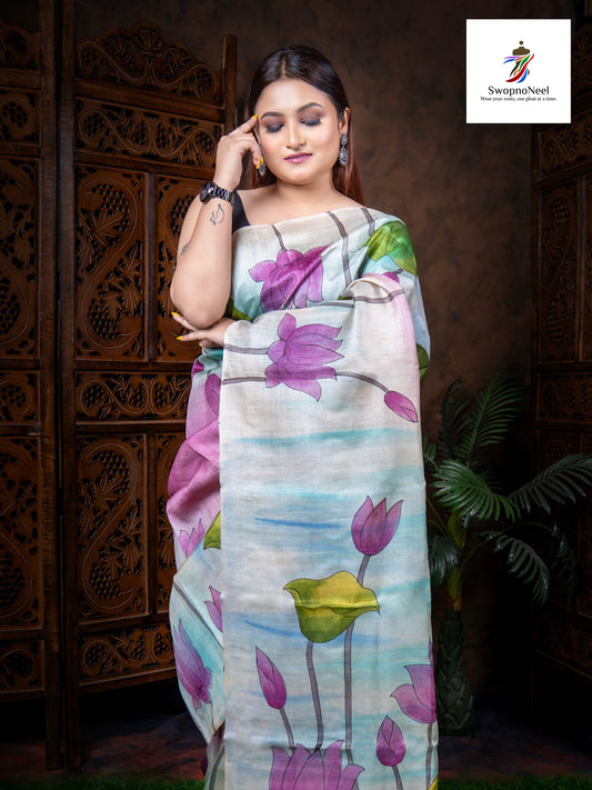 Meher Gul| Classy Multicoloured Lotus Hand Block Printed Tussar Silk Saree with Blouse Piece