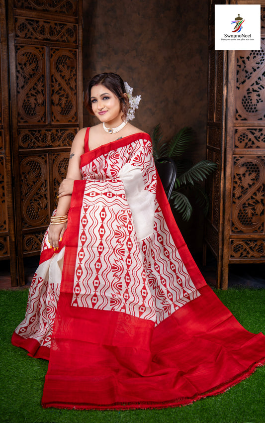 DeviRang | Classy White & Red Hand Block Printed Silk Saree with Blouse Piece