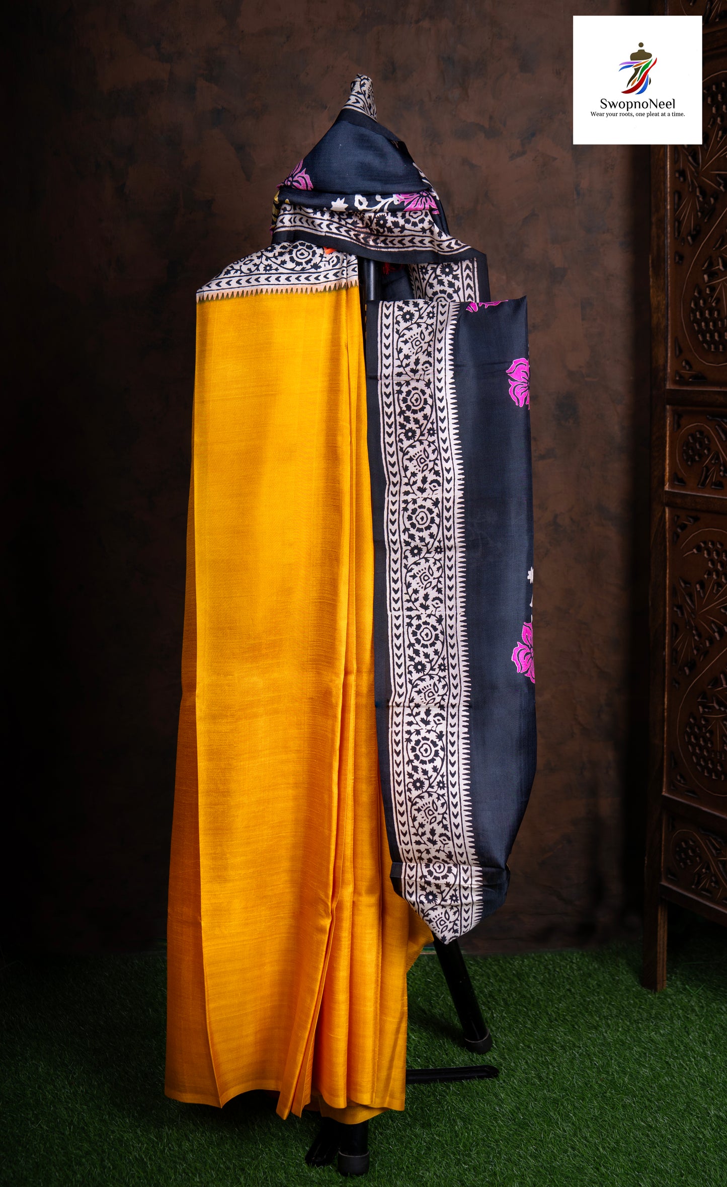 Noor-e-Silk| Elegant Yellow & Blue Floral Hand Block Printed Silk Saree with Blouse Piece