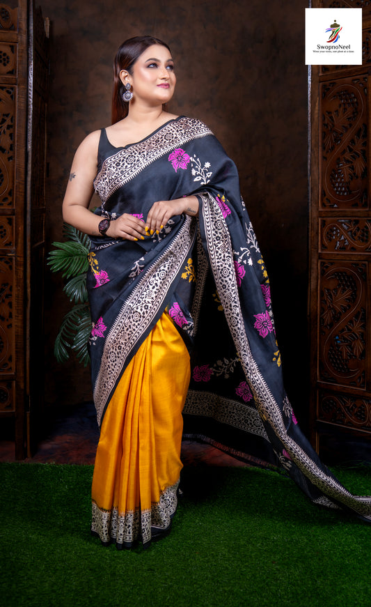 Noor-e-Silk| Elegant Yellow & Blue Floral Hand Block Printed Silk Saree with Blouse Piece