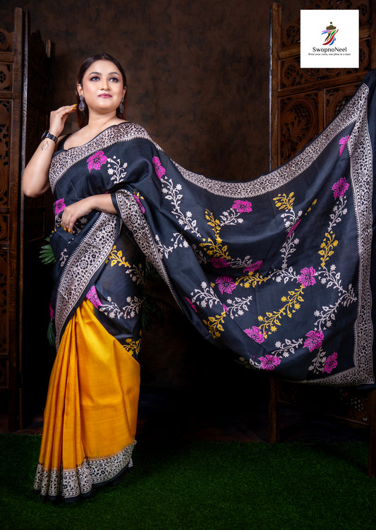 Noor-e-Silk| Elegant Yellow & Blue Floral Hand Block Printed Silk Saree with Blouse Piece