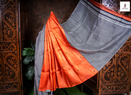 Tarangini | Elegant Solid Orange & Grey Striped Hand Block Printed Silk Saree with Blouse Piece