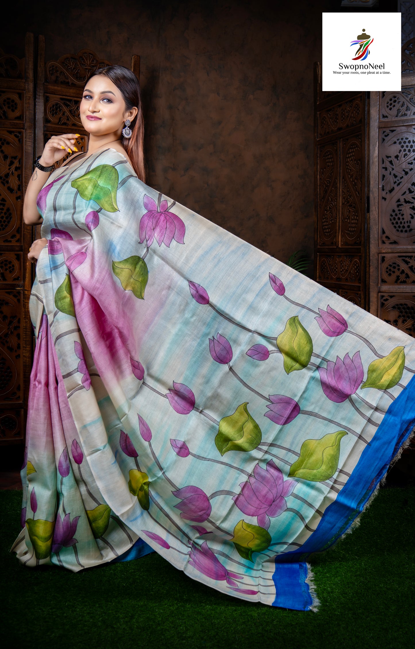 Meher Gul| Classy Multicoloured Lotus Hand Block Printed Tussar Silk Saree with Blouse Piece