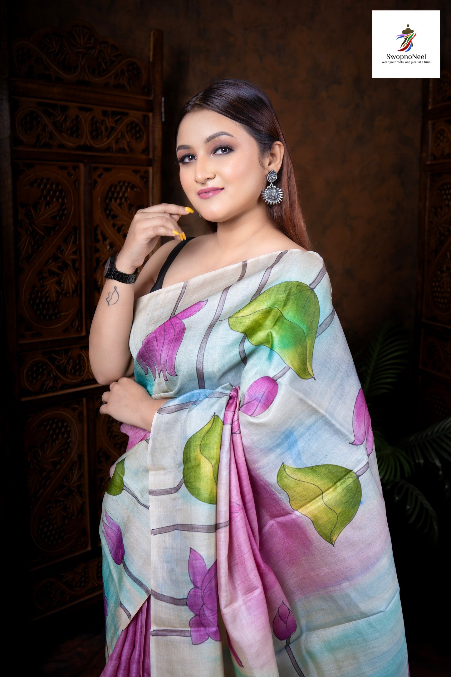 Meher Gul| Classy Multicoloured Lotus Hand Block Printed Tussar Silk Saree with Blouse Piece