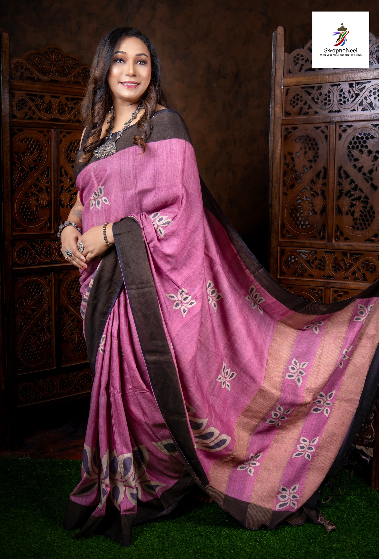 Malika Vastra | Classy Lavender Floral Hand Block Printed Bapta Silk Saree with Blouse Piece
