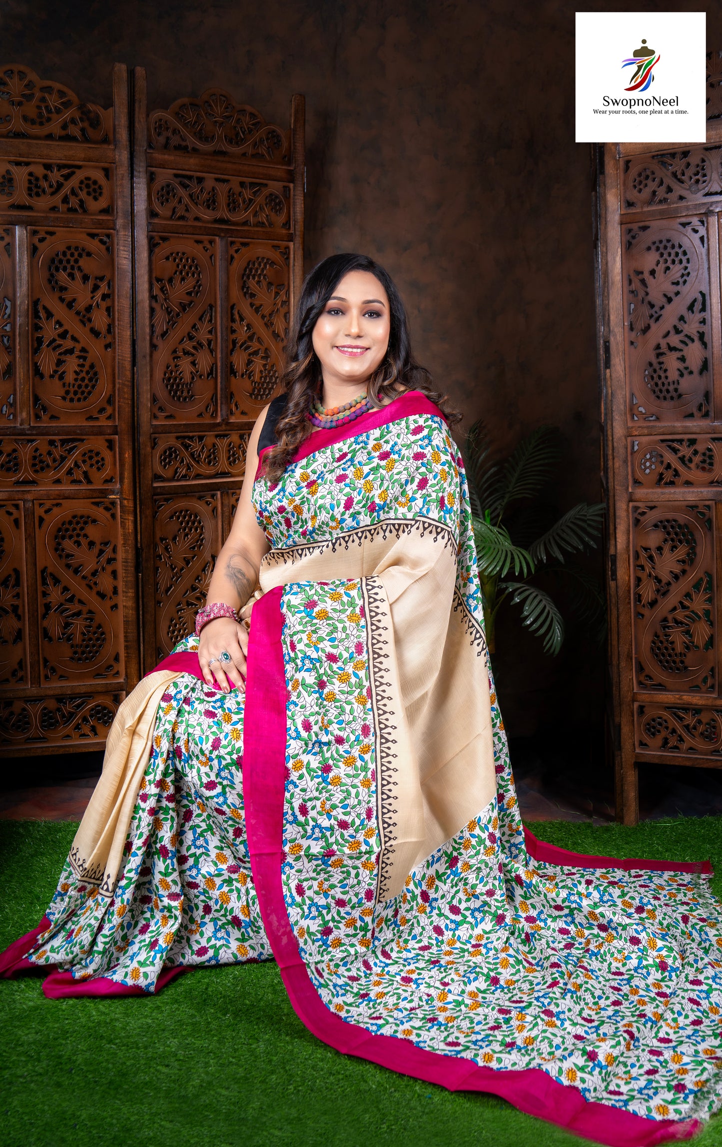 Gulzar Baagh | Elegant Beige Multicoloured Floral Handwoven Katan Silk Saree with Blouse Piece