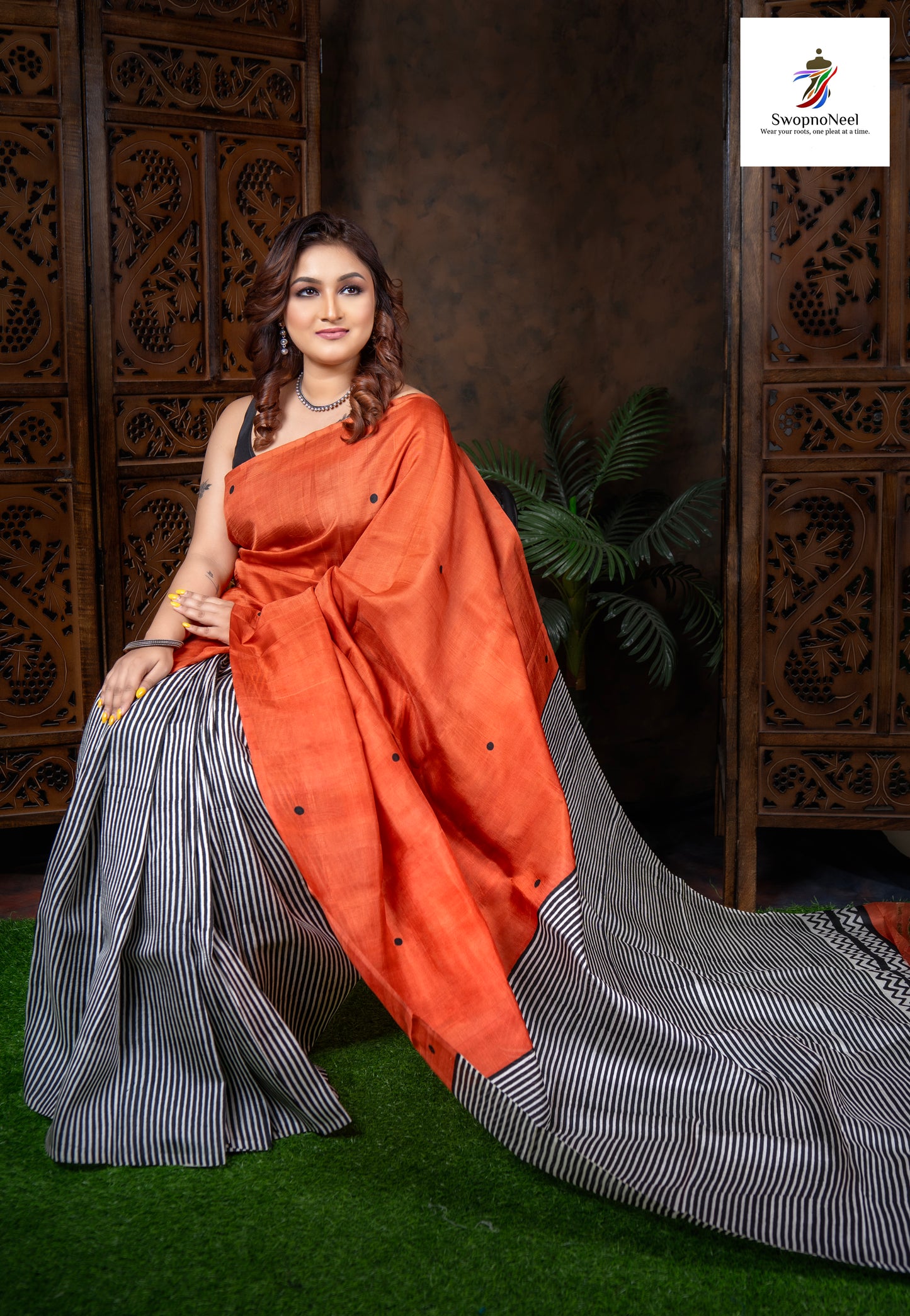 Tarangini  | Elegant Solid Orange & Grey Striped Hand Block Printed Silk Saree with Blouse Piece