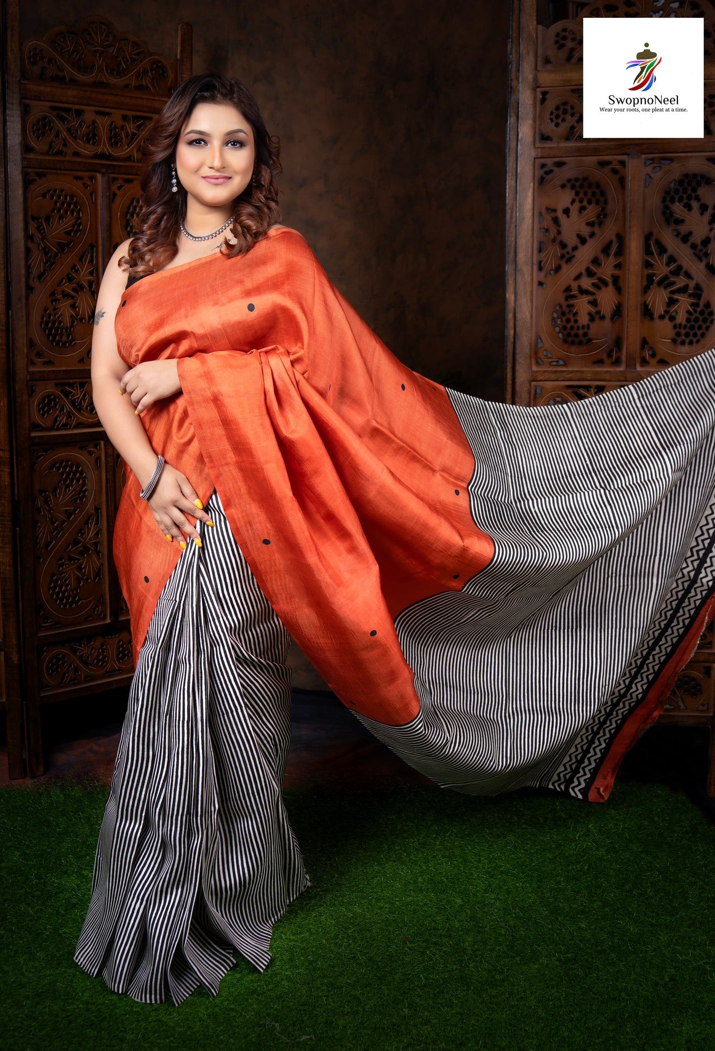 Tarangini  | Elegant Solid Orange & Grey Striped Hand Block Printed Silk Saree with Blouse Piece