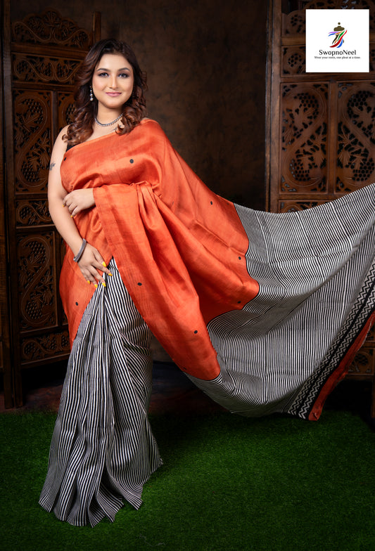 Tarangini  | Elegant Solid Orange & Grey Striped Hand Block Printed Silk Saree with Blouse Piece