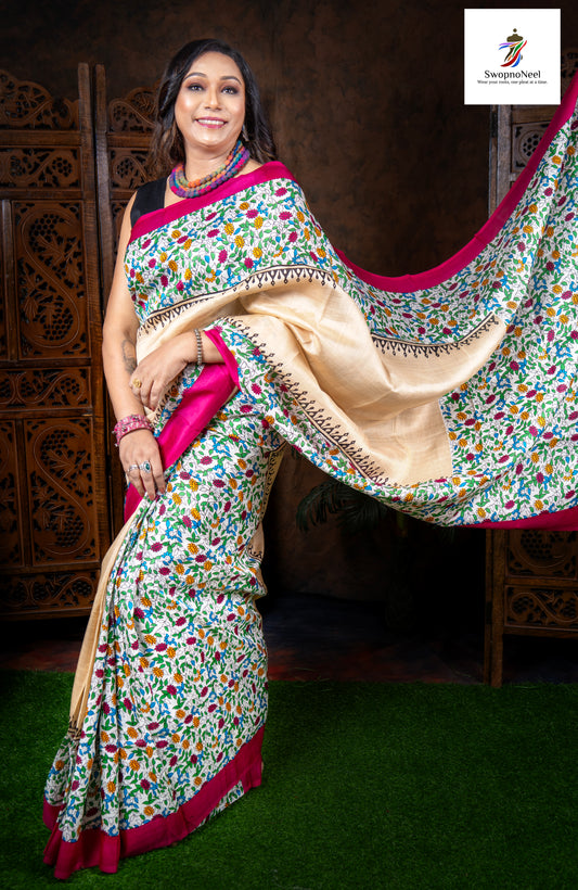 Gulzar Baagh | Elegant Beige Multicoloured Floral Handwoven Katan Silk Saree with Blouse Piece