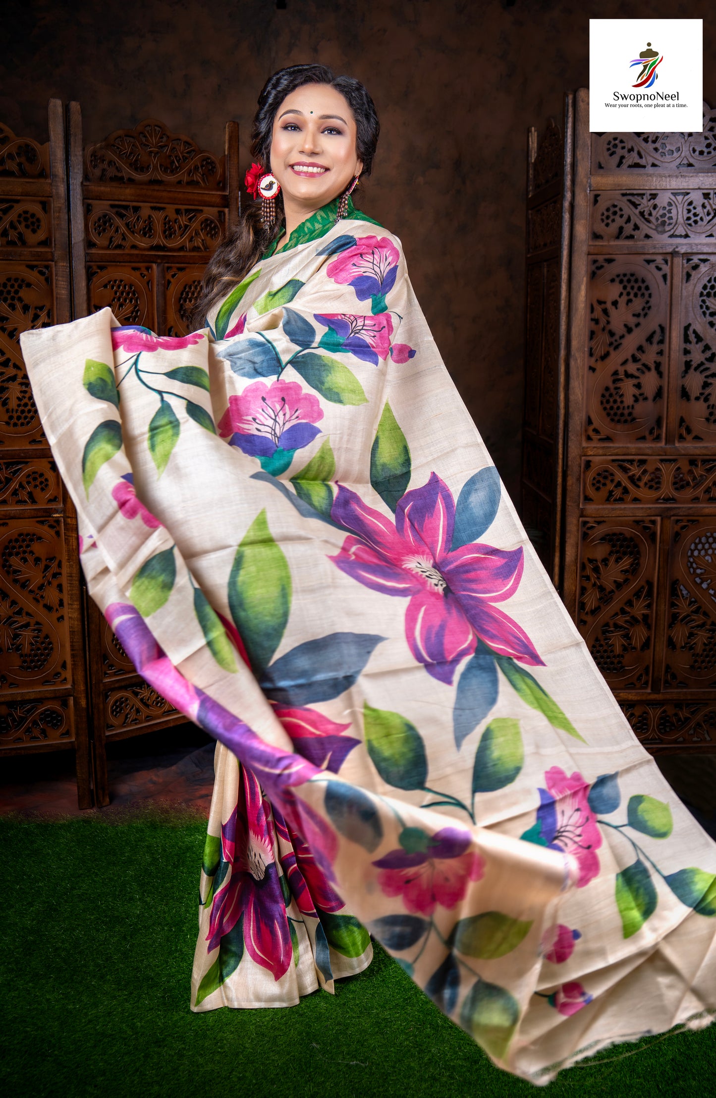 Charulata| Elegant Multicoloured Lotus Hand Block Printed Tussar Silk Saree with Blouse Piece