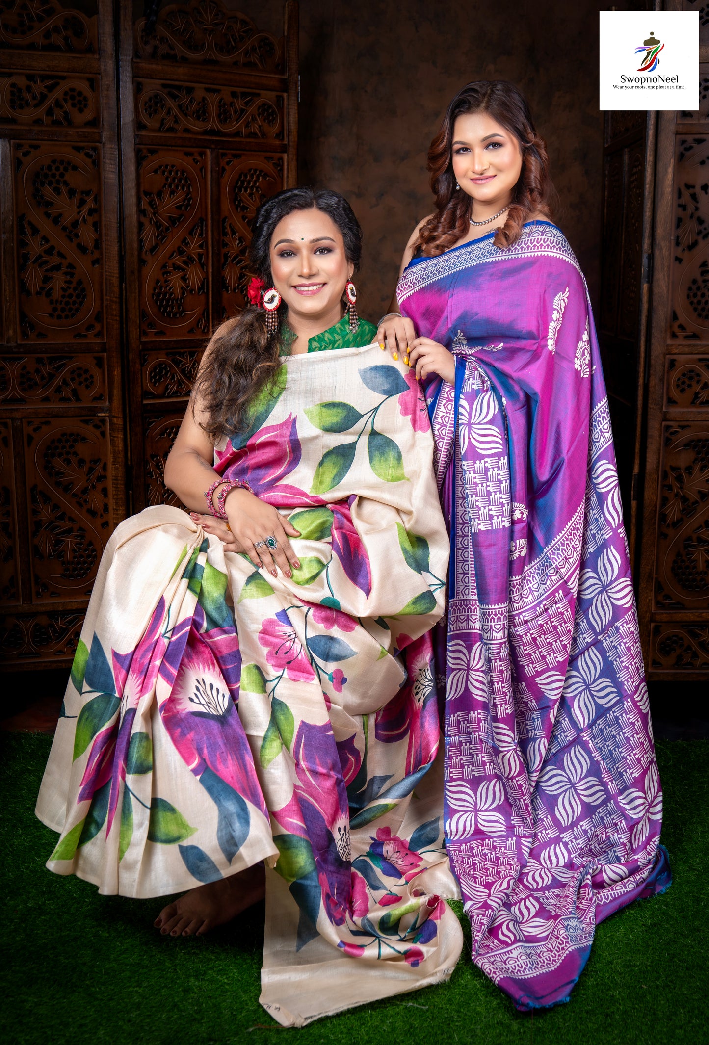 Charulata| Elegant Multicoloured Lotus Hand Block Printed Tussar Silk Saree with Blouse Piece