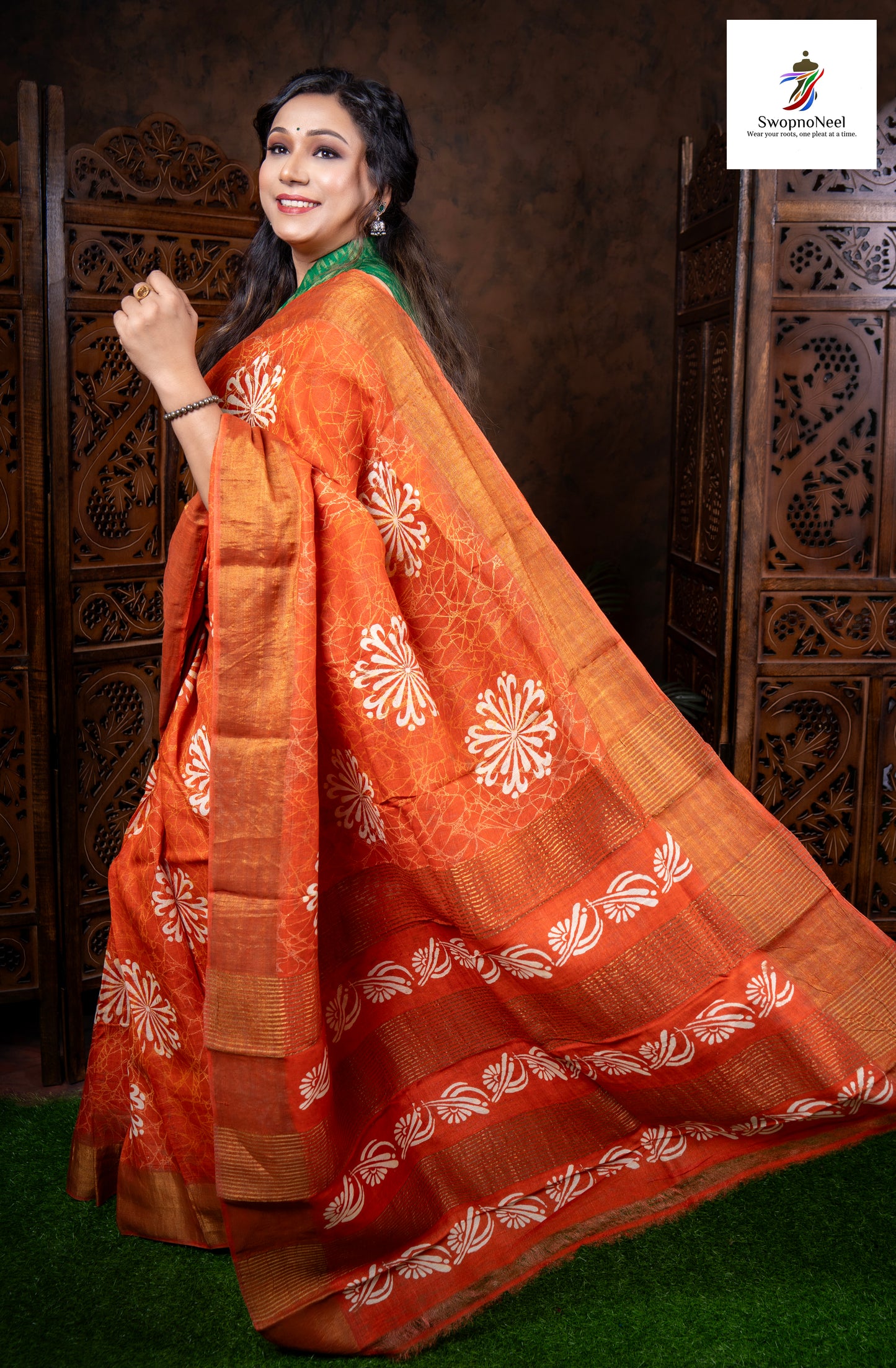 Rangrez Royale | Elegant Solid Orange and Floral Hand Block Printed Bapta Silk Saree with Blouse Piece
