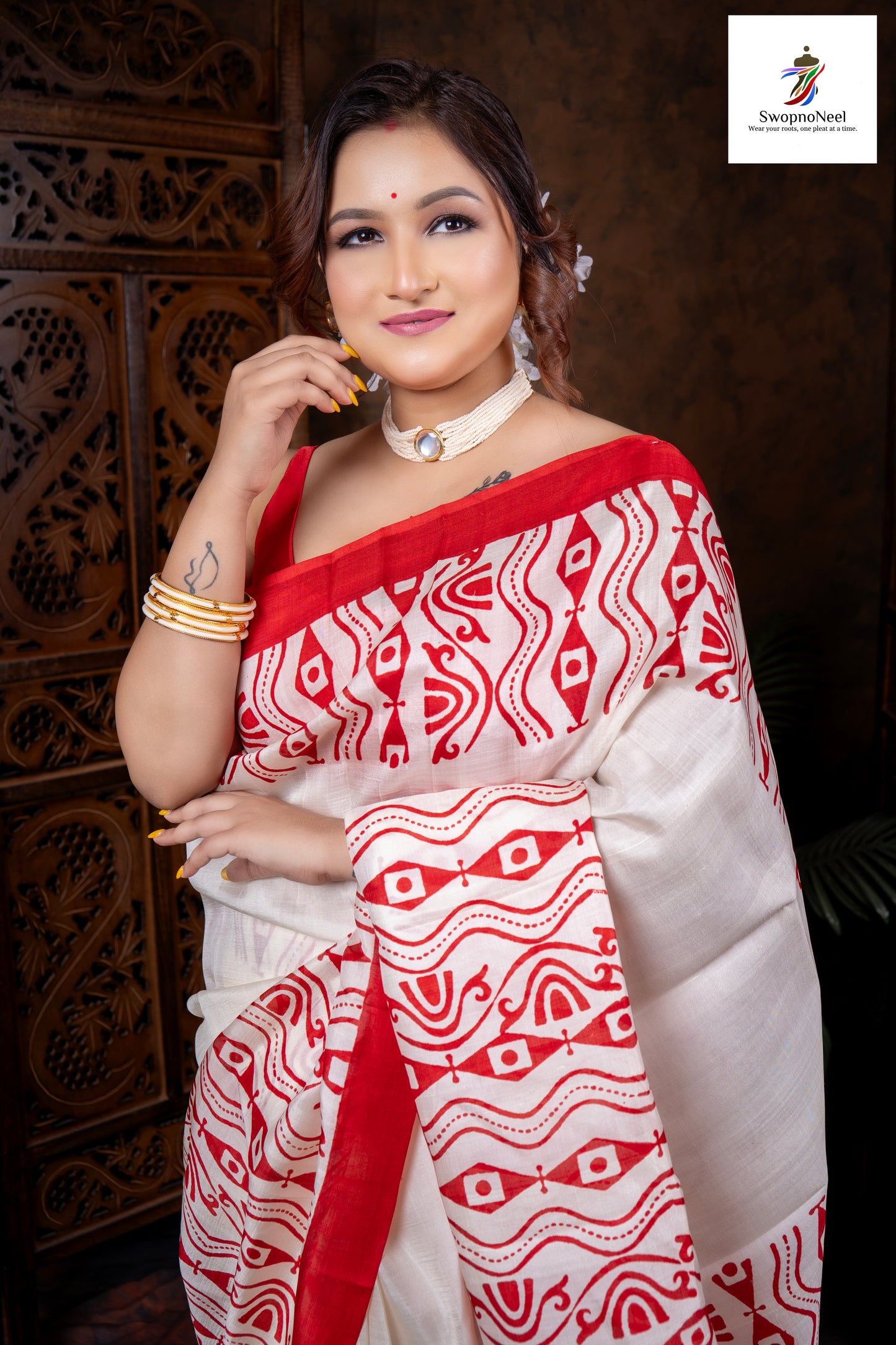 DeviRang | Classy White & Red  Hand Block Printed Silk Saree with Blouse Piece