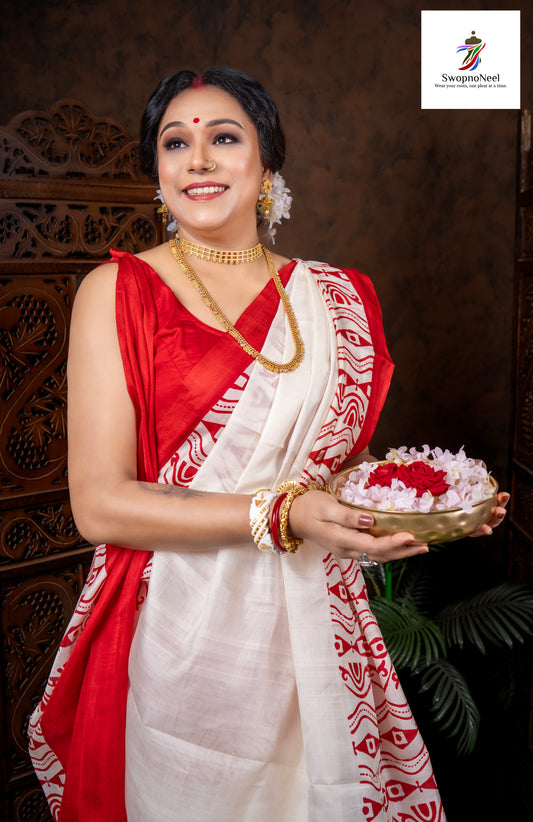 DeviRang | Classy White & Red  Hand Block Printed Silk Saree with Blouse Piece