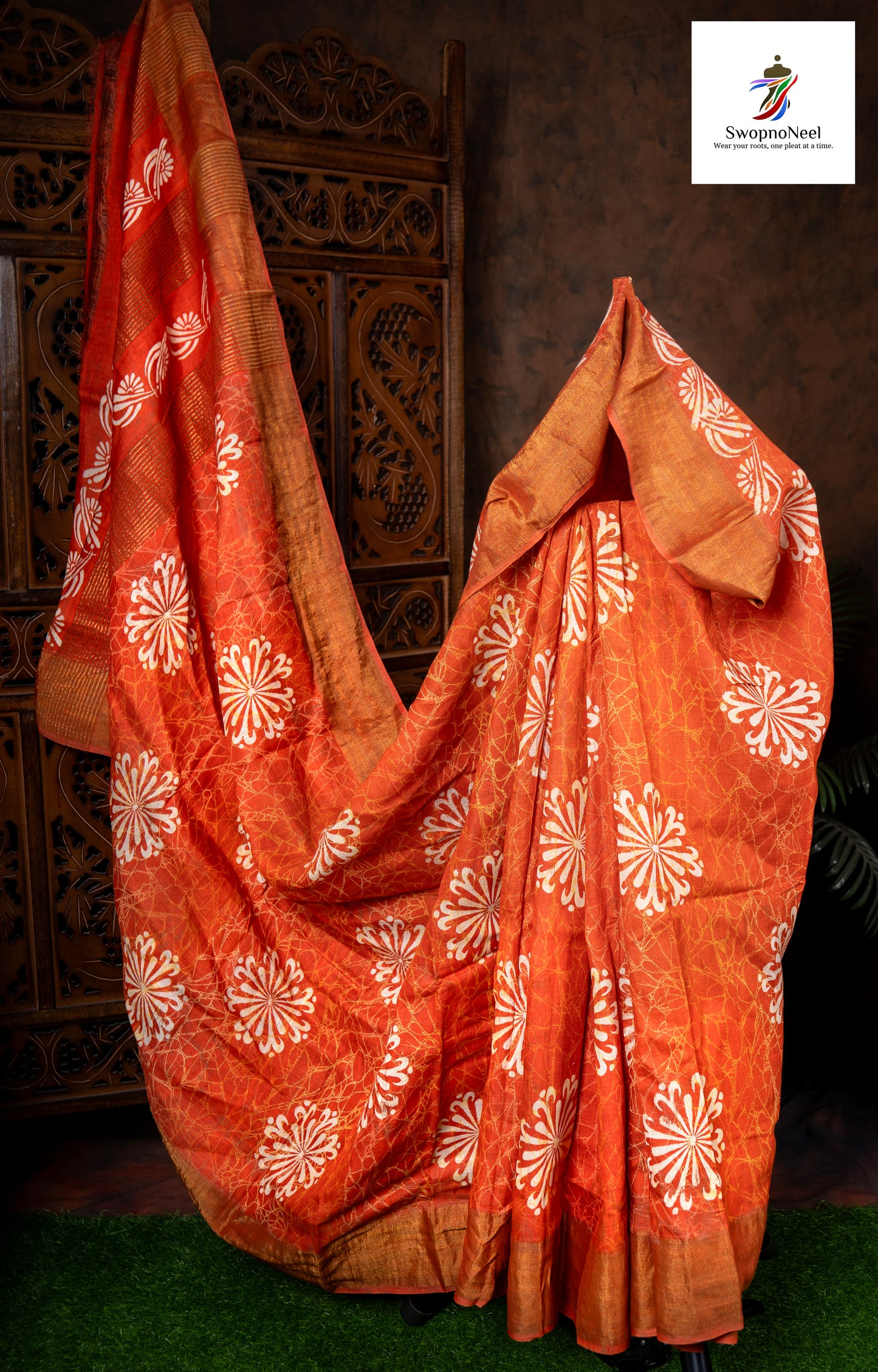 Rangrez Royale | Elegant Solid Orange and Floral Hand Block Printed Bapta Silk Saree with Blouse Piece