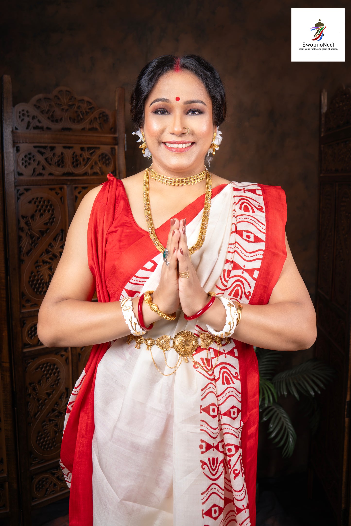 DeviRang | Classy White & Red  Hand Block Printed Silk Saree with Blouse Piece
